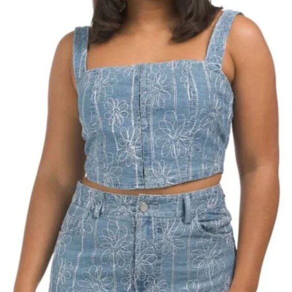 NWT House of Harlow 1960 | Floral Embroidered Denim Corset Top Blue | Size Small - Picture 2 of 11